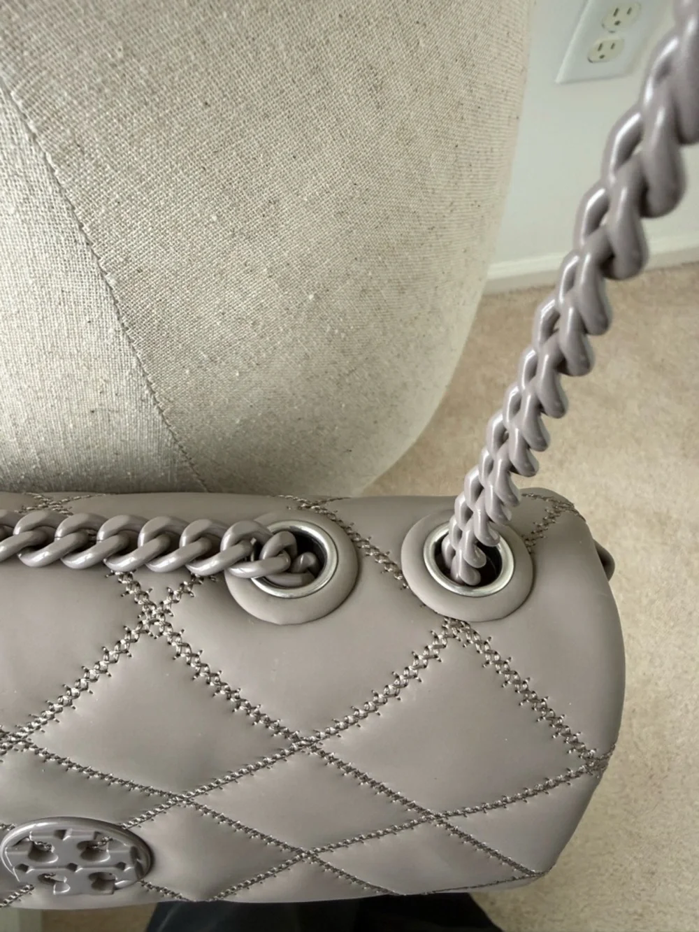 Tory Burch Quilted Matte Leather Shoulder Bag in Light Grey